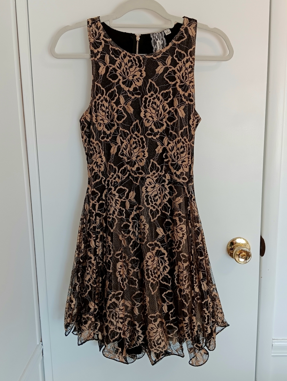 Sleeveless Black & Gold Lace Fit & Flare Dress Racer-back Zipper Fairy Grunge